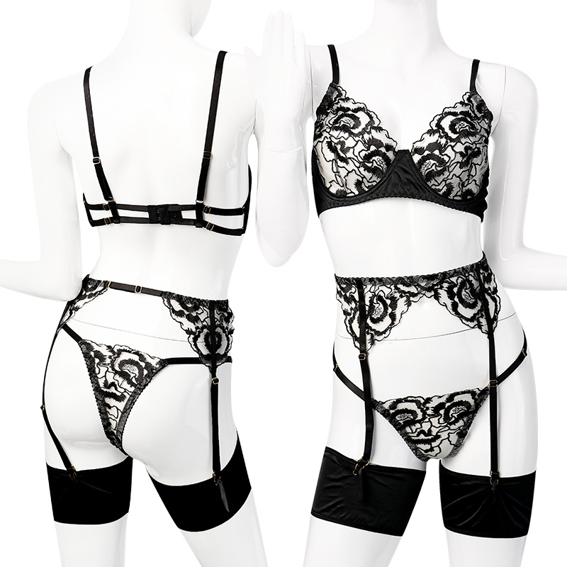 Sexy European And American Temptation Uniform Fluoroscopic Embroidery Steel Support Garter Belt Three Pieces of Sexy Underwear