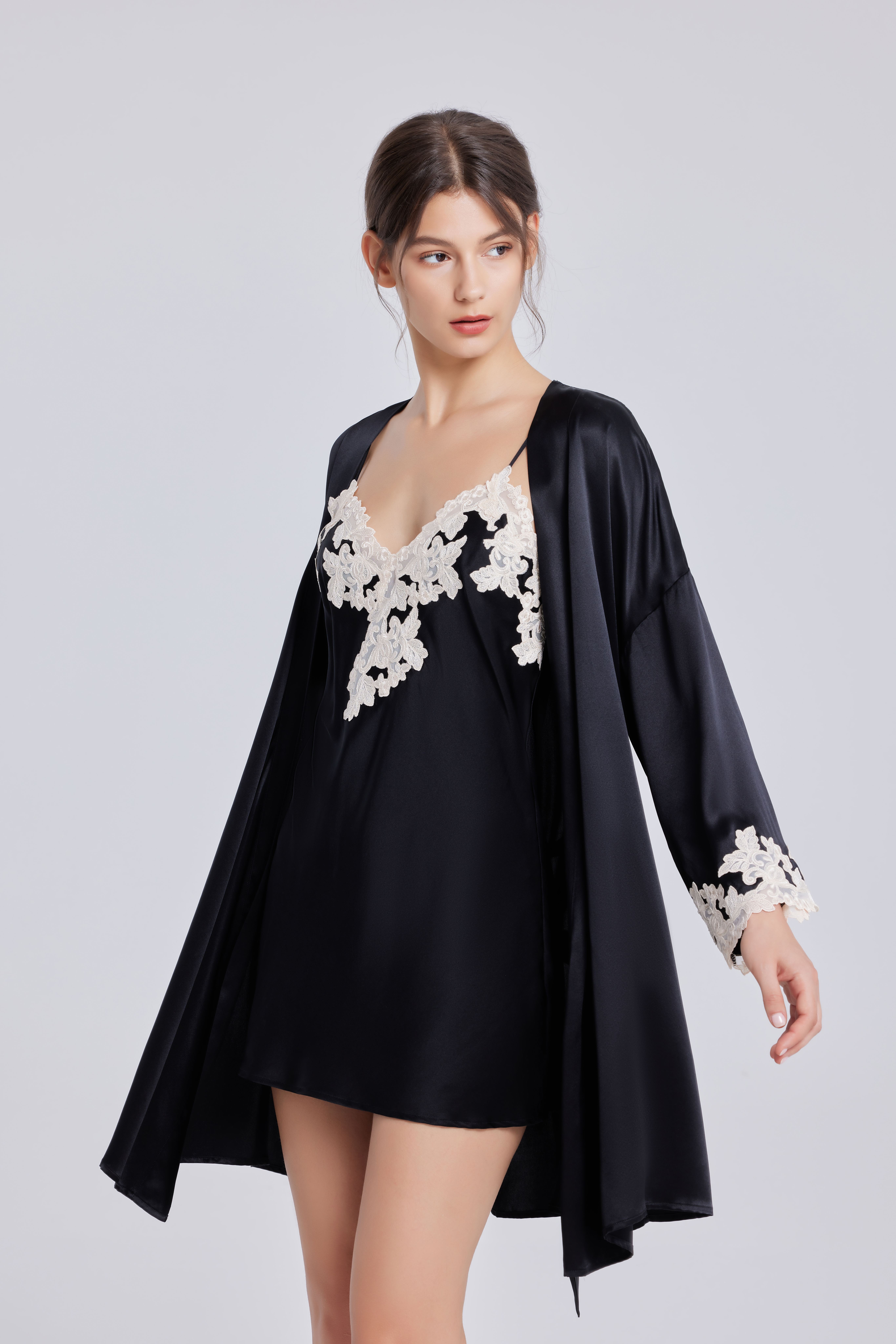 Luxury Hand-Embroidered Black Silk Ensemble Elegant Silk Sherwani Set with Intricate Embroidery Homewear Womens Pajamas Set