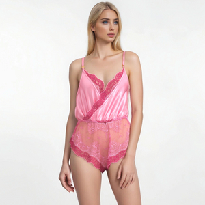 New Hot Pink Lace Teddy Bodysuit Sleepwear Pajamas Sexy Lace Trimmed Teddy for Women